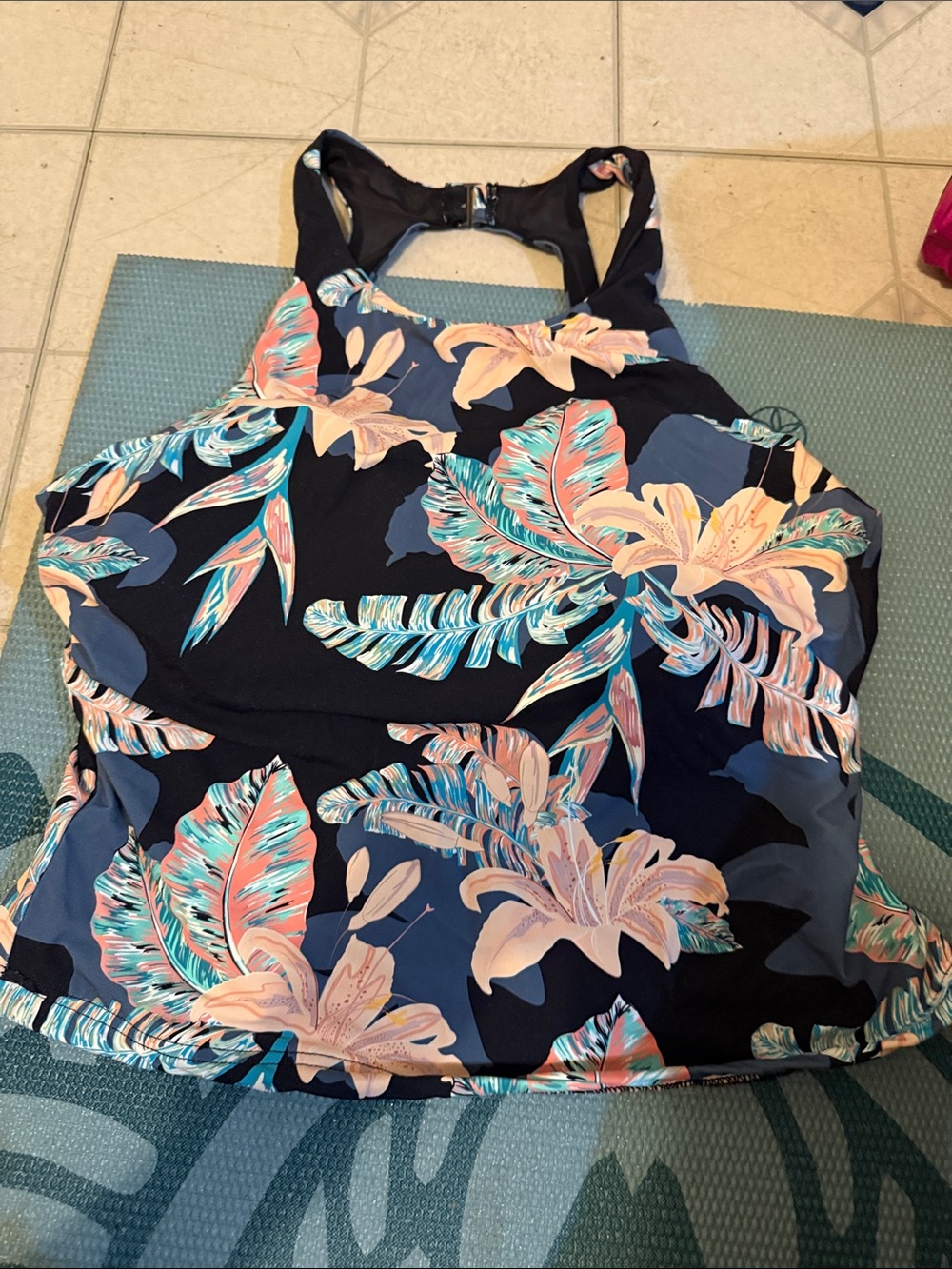 CRZ YOGA Navy Floral Racerback Tankini Top with Coral & Teal Leaves